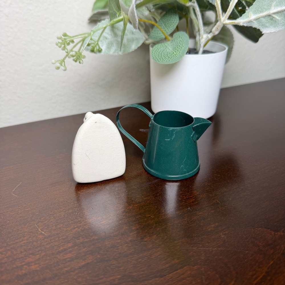 Miniature Ceramic Iron and Green Metal Watering Can Figurine Set Farmhouse Decor - Picture 3 of 5